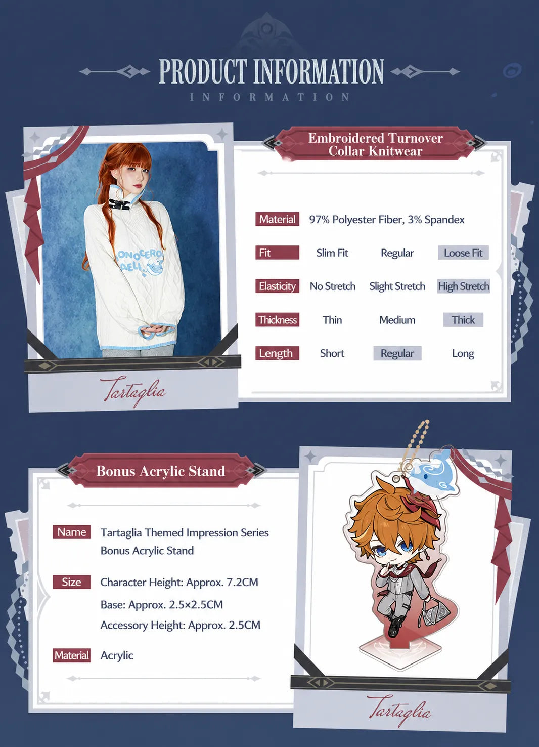 Tartaglia Themed Impression Series knit sweater product information and bonus acrylic stand