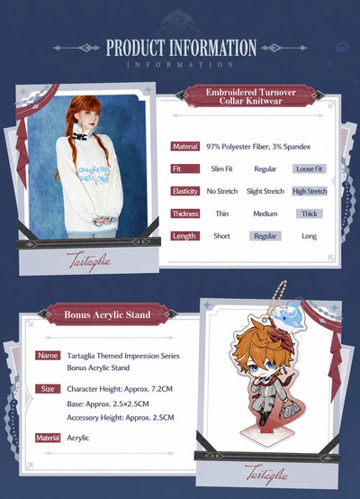 Tartaglia Themed Impression Series knit sweater product information and bonus acrylic stand