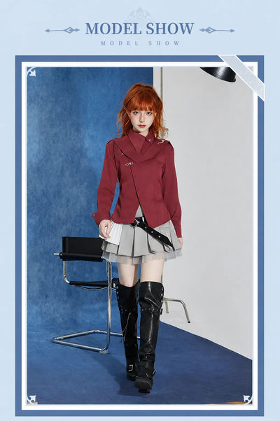 Female model wearing the Tartaglia burgundy long-sleeve shirt