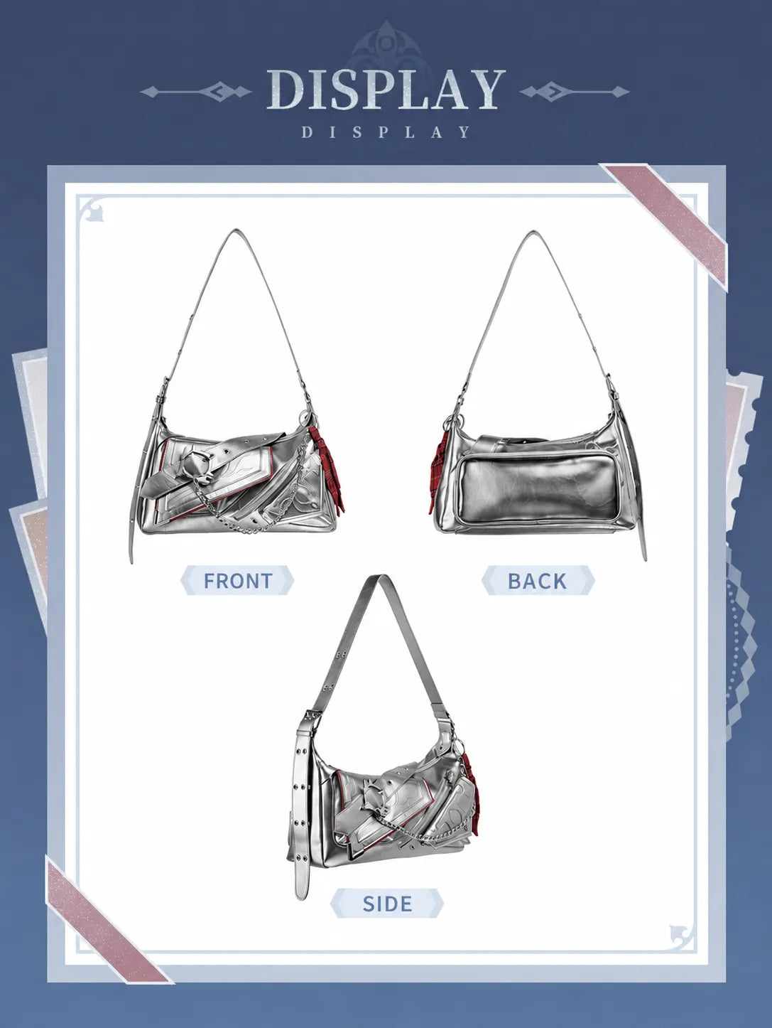 Tartaglia shoulder bag glossy silver PU material and red plaid trim details