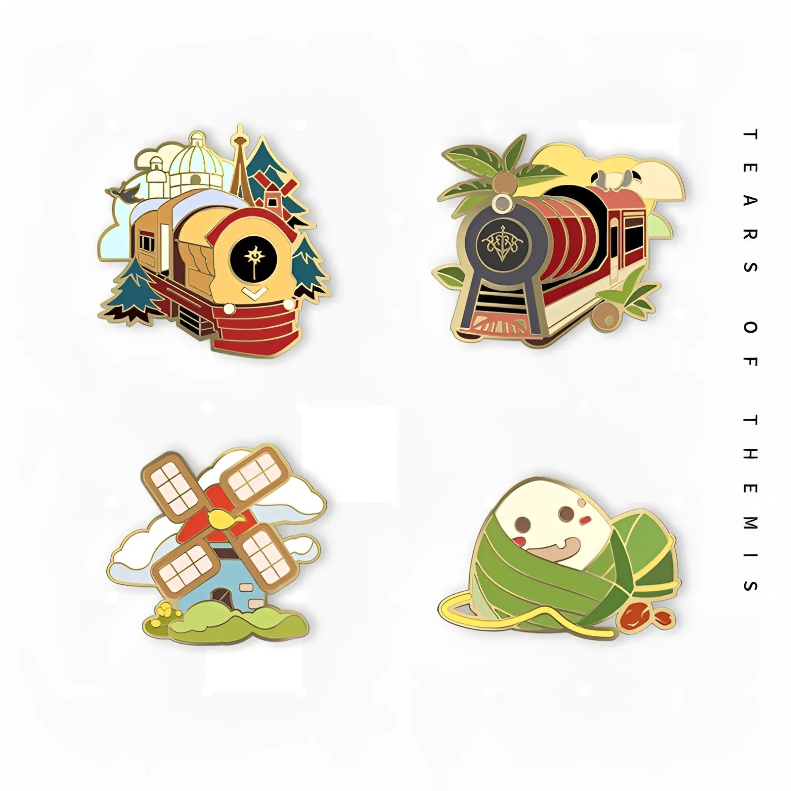 Tears of Themis Collectible Metal Badge Series Vol.3 enamel style zinc alloy pins featuring four travel themed designs