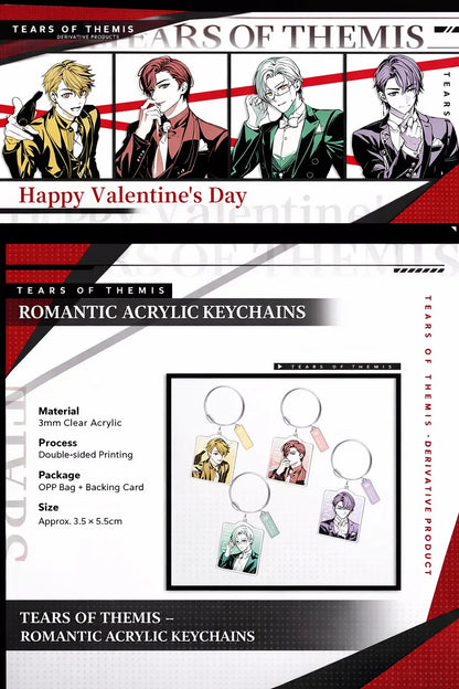 Tears of Themis Romantic Moment Series acrylic keychains detail showing 3mm double-sided acrylic keychain designs featuring Artem Wing Luke Pearce Marius von Hagen and Vyn Richter