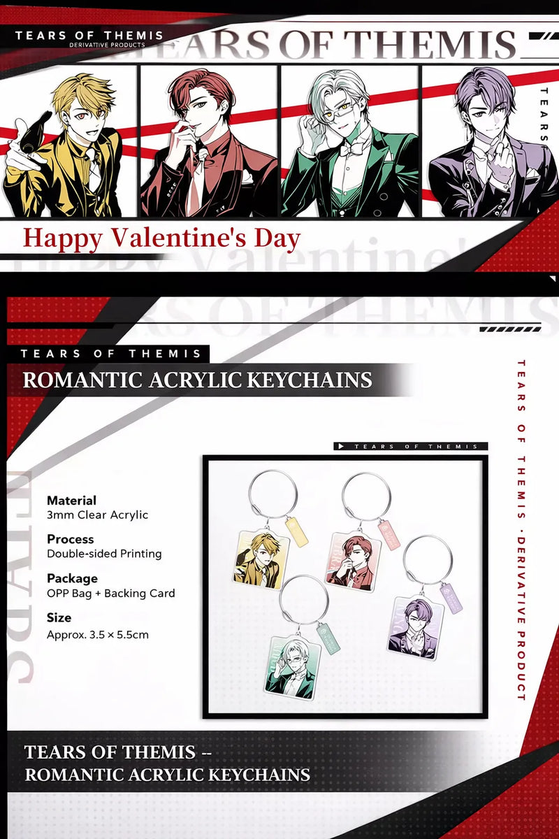 Tears of Themis Romantic Moment Series acrylic keychains detail showing 3mm double-sided acrylic keychain designs featuring Artem Wing Luke Pearce Marius von Hagen and Vyn Richter