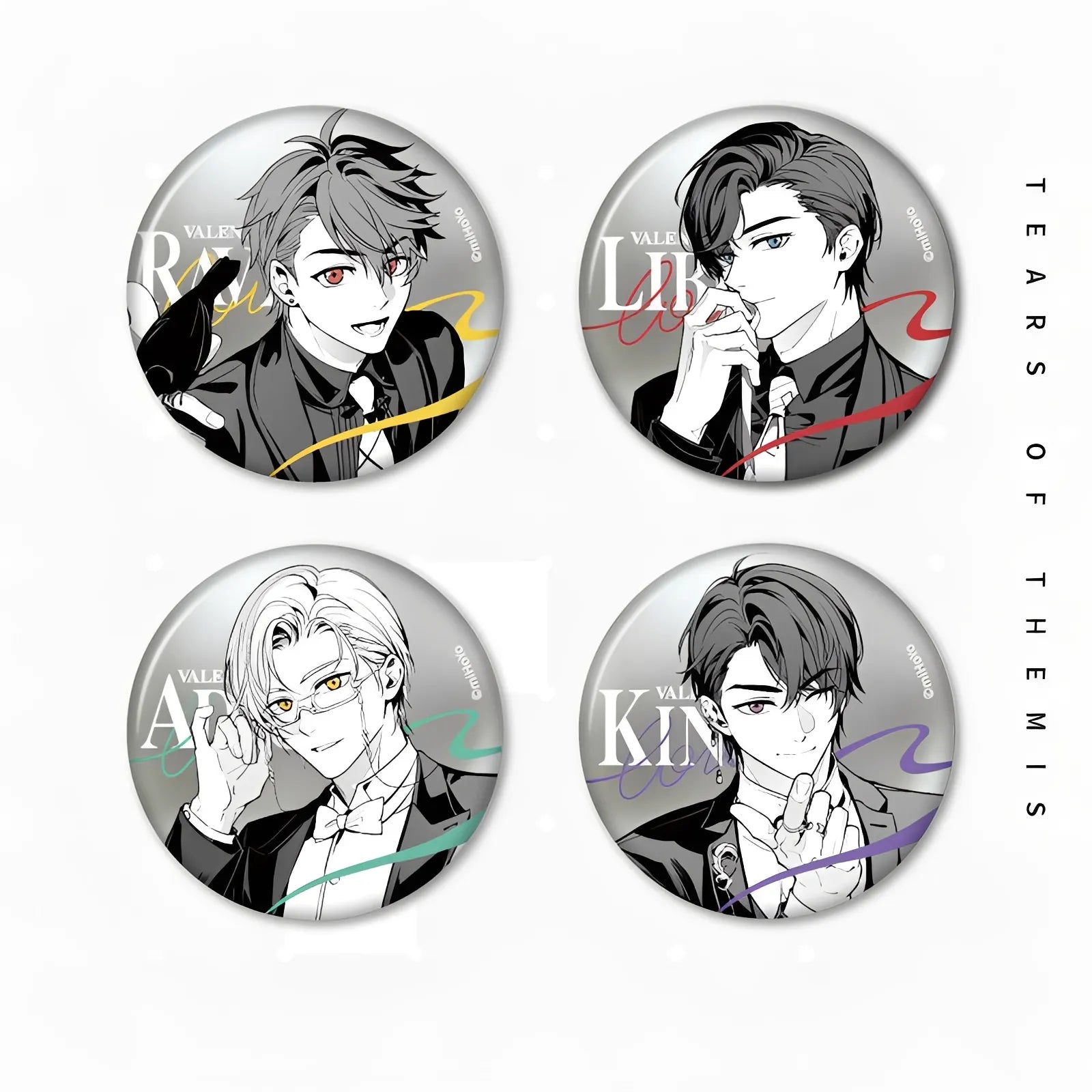 Tears of Themis Romantic Moment Series metal badge collection featuring Artem Wing, Luke Pearce, Marius von Hagen and Vyn Richter anime character pins