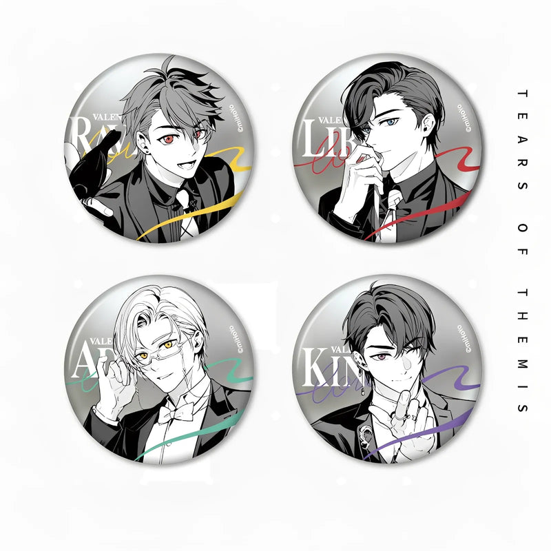 Tears of Themis Romantic Moment Series metal badge collection featuring Artem Wing, Luke Pearce, Marius von Hagen and Vyn Richter anime character pins