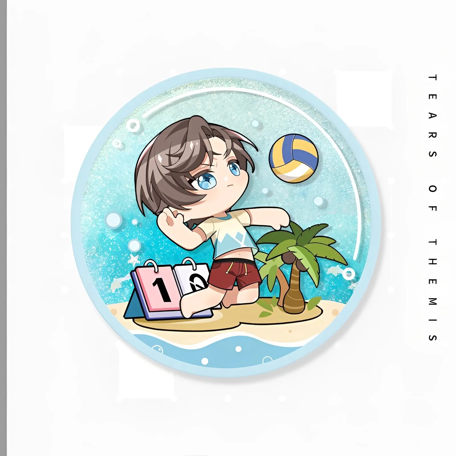 Tears of Themis Summer Series acrylic liquid sand coaster featuring Artem Wing chibi beach design