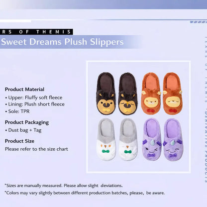Tears of Themis Sweet Dreams Series plush slippers product details showing fleece upper plush lining and TPR sole construction