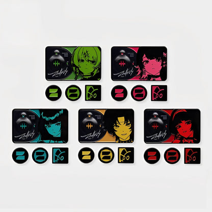 Zenless Zone Zero Yuanyan Engraved Series metal badge set featuring Anby Demara, Ellen Joe, Hoshimi Miyabi, Asaba Harumasa, and Astra Yao