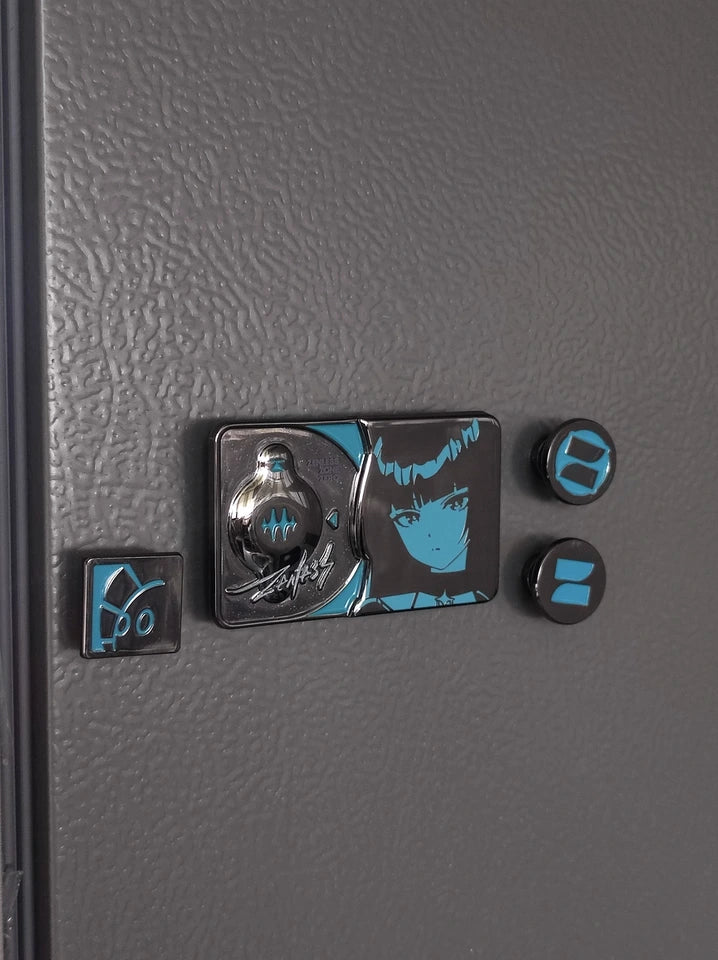 Customer photo of Zenless Zone Zero Yuanyan Engraved Series metal badge set showing the full badge layout